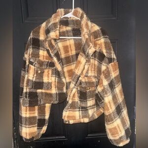 SHEIN Plaid Teddy Jacket in Brown & Tan